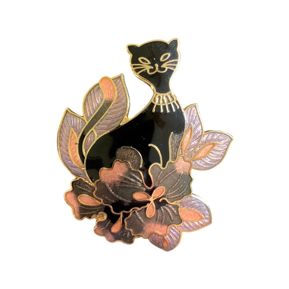 Vintage 1980s Genuine Cloisonné Enamel Black Cat Orchid Flower Brooch Pin